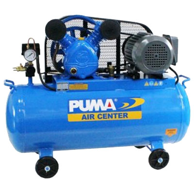 A blue air compressor with wheels Description automatically generated