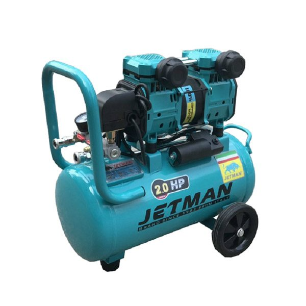 A blue air compressor with wheels Description automatically generated