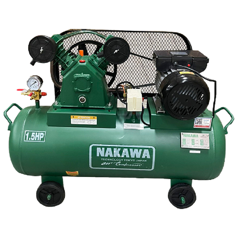 A green air compressor with black wheels Description automatically generated