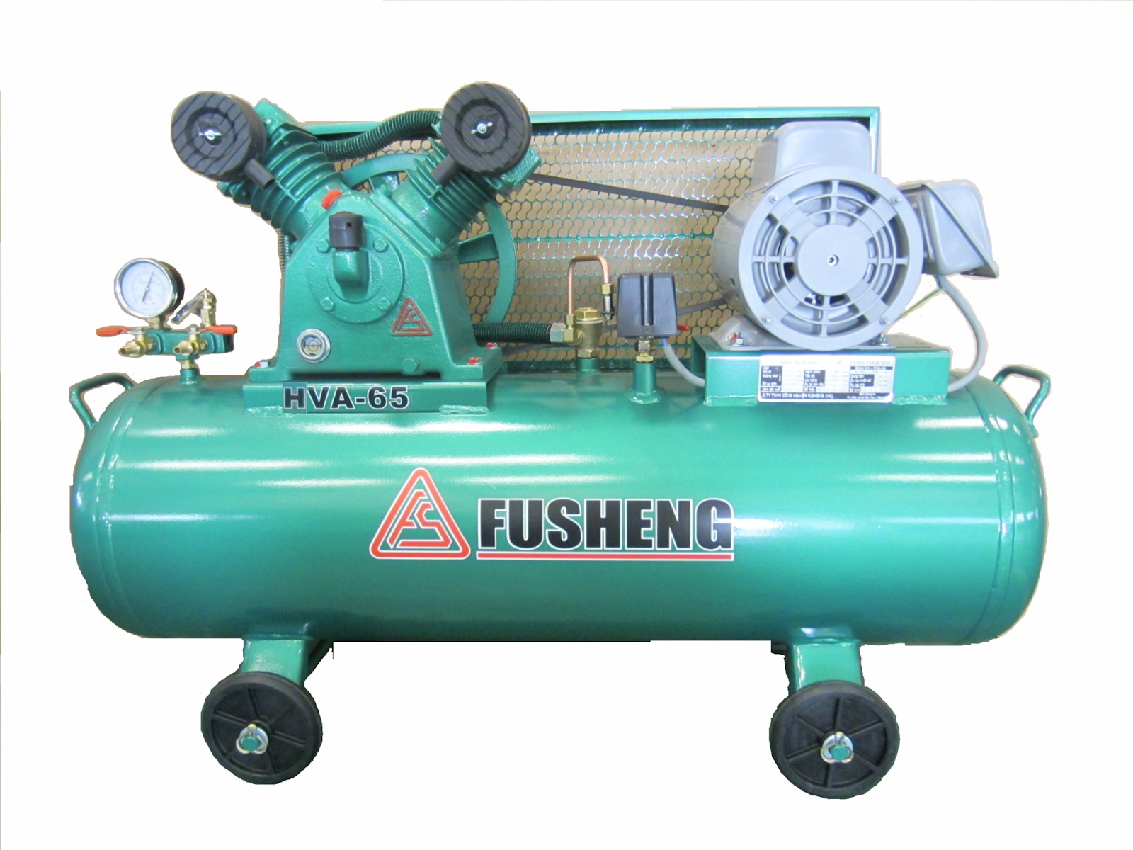 A green air compressor with wheels Description automatically generated