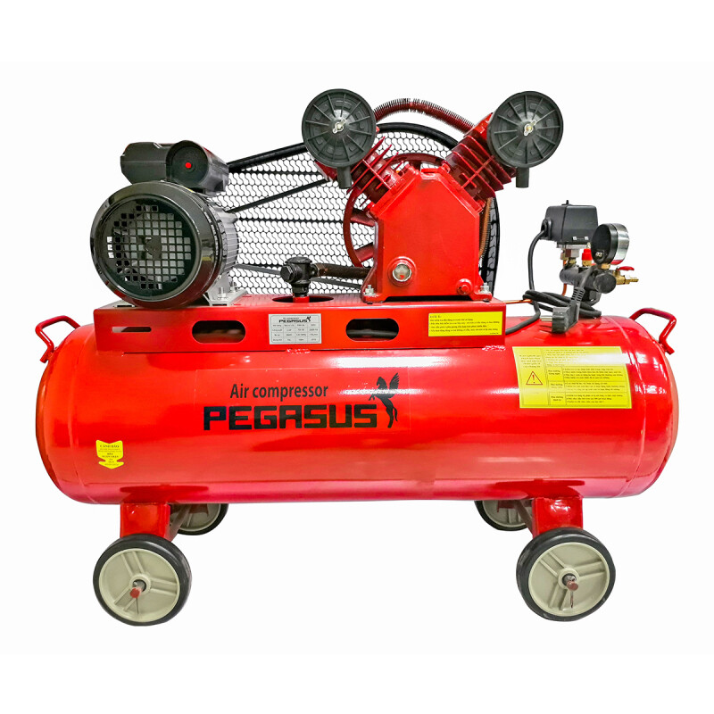 A red air compressor with wheels

Description automatically generated