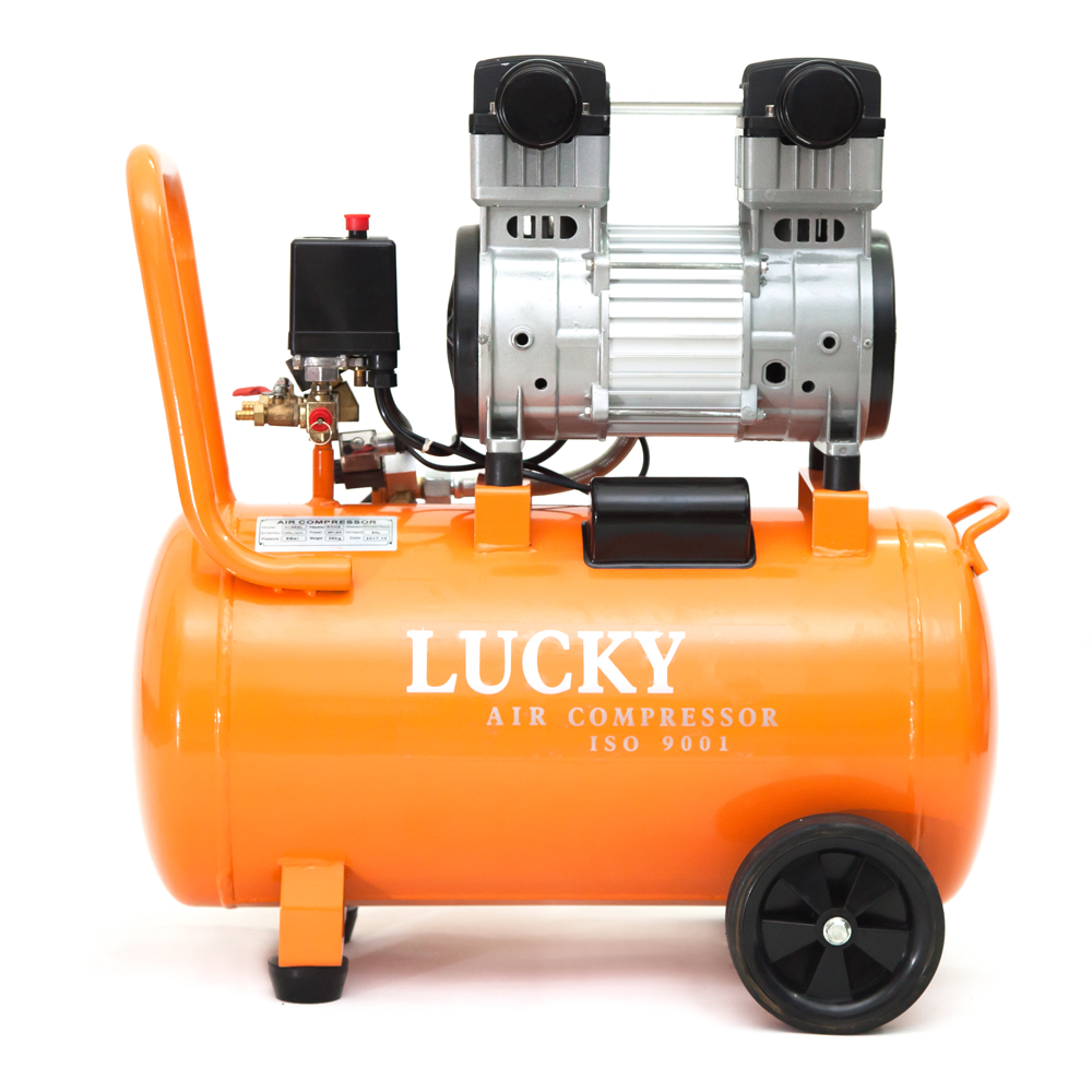 An orange air compressor with wheels

Description automatically generated